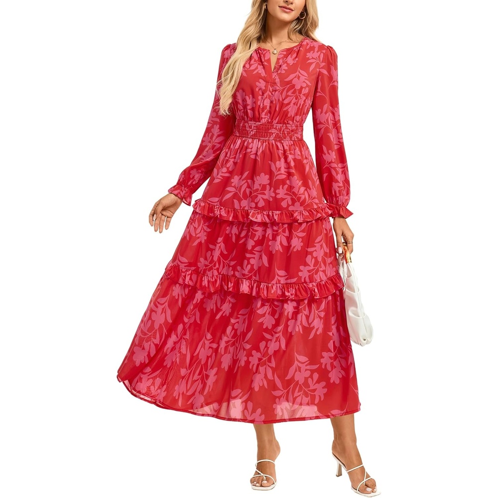 image:imageGRACE KARIN Womens Floral Long Sleeve Maxi Dress 2026 V Neck Fall Wedding Guest Outfits Boho Flowy Dresses with PocketsRed Floral