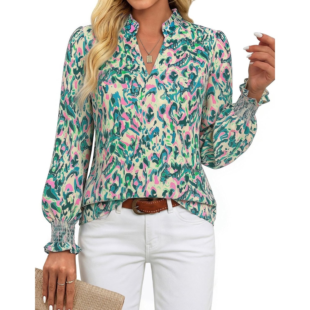 image:imageGRACE KARIN Womens Floral Long Sleeve Tops 2026 Summer V Neck Chiffon Blouses Dressy Casual Print Work Shirts Boho ClothesGreen Wave