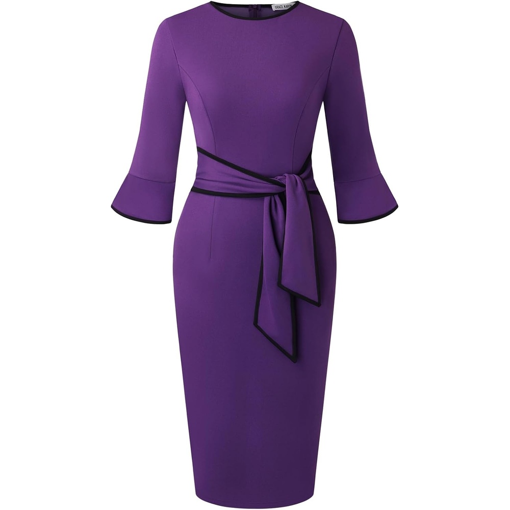 image:imageGRACE KARIN Work Dresses for Women 34 Sleeve Bodycon Pencil Business Outfits Color Block Office Church Clothes with BeltDeep Purple