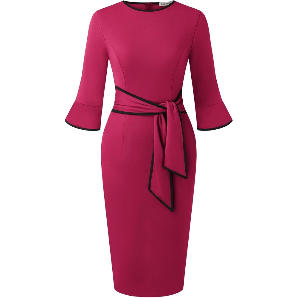 image:imageGRACE KARIN Work Dresses for Women 34 Sleeve Bodycon Pencil Business Outfits Color Block Office Church Clothes with BeltRose