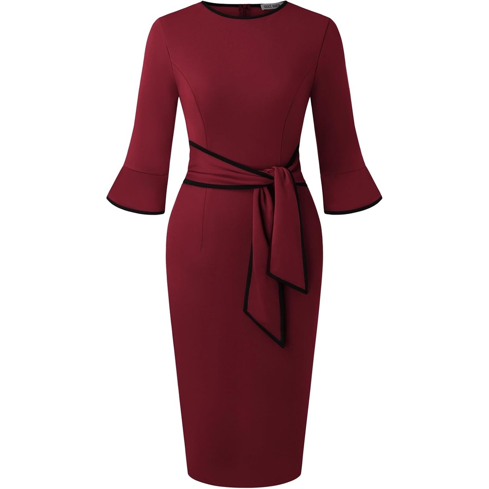 image:imageGRACE KARIN Work Dresses for Women 34 Sleeve Bodycon Pencil Business Outfits Color Block Office Church Clothes with BeltWine
