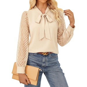 GARCE KARIN Women Bow Tie Neck Tops 2026 Fall Lace Long Sleeve Blouse Business Dressy Casual Shirt Work Office Formal(Apricot)