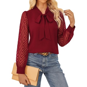 GARCE KARIN Women Bow Tie Neck Tops 2026 Fall Lace Long Sleeve Blouse Business Dressy Casual Shirt Work Office Formal(Dark Wine)