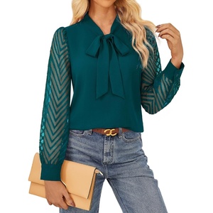 GARCE KARIN Women Bow Tie Neck Tops 2026 Fall Lace Long Sleeve Blouse Business Dressy Casual Shirt Work Office Formal(Peacock Blue)