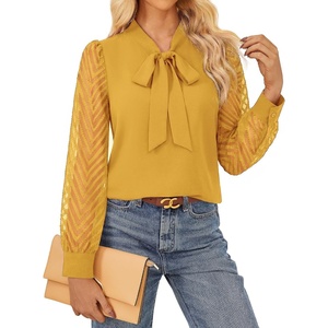 GARCE KARIN Women Bow Tie Neck Tops 2026 Fall Lace Long Sleeve Blouse Business Dressy Casual Shirt Work Office Formal(Yellow)