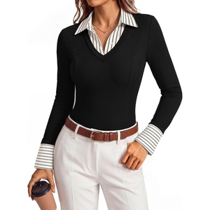 GRACE KARIN 2026 Women’s Long Sleeve Knitted Polo Shirts, Slim Fit V Neck Fake Two Piece Patchwork Business Casual Work Tops(Black and White Stripes)