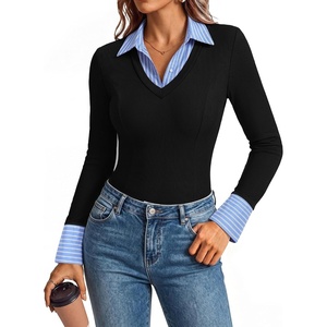 GRACE KARIN 2026 Women’s Long Sleeve Knitted Polo Shirts, Slim Fit V Neck Fake Two Piece Patchwork Business Casual Work Tops(Blue and White Stripes)