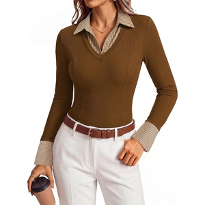 GRACE KARIN 2026 Women’s Long Sleeve Knitted Polo Shirts, Slim Fit V Neck Fake Two Piece Patchwork Business Casual Work Tops(Brown)