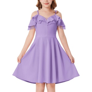 GRACE KARIN Girls Elegant Party Dress Cold Shoulder Ruffled Neckline High Waist A-Line Dress for Girls 7-14 Years(Purple)