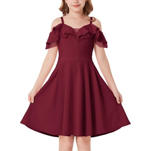 GRACE KARIN Girls Elegant Party Dress Cold Shoulder Ruffled Neckline High Waist A-Line Dress for Girls 7-14 Years(Wine Red)