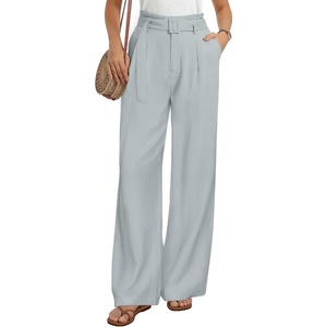 GRACE KARIN Wide Leg Pants Women, Linen Blend High Waisted Palazzo Trousers with Pockets, Business Casual Clothes(Light Grey Blue)