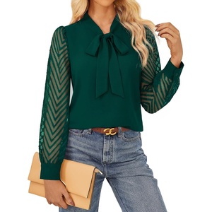 GRACE KARIN Women Bow Tie Neck Tops 2026 Fall Lace Long Sleeve Blouse Business Dressy Casual Shirt Work Office Formal(Green)