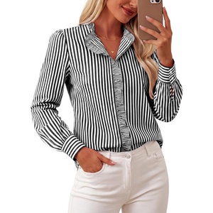 GRACE KARIN Women Striped Button Down Shirts Dressy Casual, Cotton Ruffled Long Sleeve Tops 2026 Summer Fashion Work Clothes(Black)