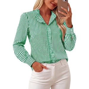 GRACE KARIN Women Striped Button Down Shirts Dressy Casual, Cotton Ruffled Long Sleeve Tops 2026 Summer Fashion Work Clothes(Green)