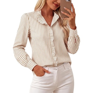 GRACE KARIN Women Striped Button Down Shirts Dressy Casual, Cotton Ruffled Long Sleeve Tops 2026 Summer Fashion Work Clothes(Khaki)