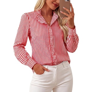 GRACE KARIN Women Striped Button Down Shirts Dressy Casual, Cotton Ruffled Long Sleeve Tops 2026 Summer Fashion Work Clothes(Red)