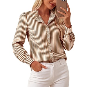 GRACE KARIN Women Striped Button Down Shirts Dressy Casual, Cotton Ruffled Long Sleeve Tops 2026 Summer Fashion Work Clothes(Sepia)