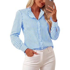 GRACE KARIN Women Striped Button Down Shirts Dressy Casual, Cotton Ruffled Long Sleeve Tops 2026 Summer Fashion Work Clothes(Sky Blue)