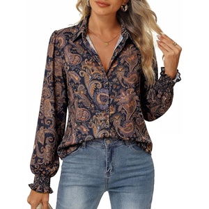 GRACE KARIN Women’s Boho Floral Button Down Shirts, 2026 Fall Long Sleeve Blouses, Dressy Casual Fit Vacation Work Tops(Black Floral)