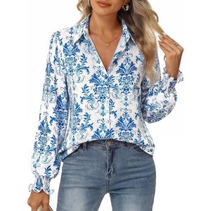 GRACE KARIN Women’s Boho Floral Button Down Shirts, 2026 Fall Long Sleeve Blouses, Dressy Casual Fit Vacation Work Tops(Blue)