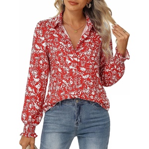 GRACE KARIN Women’s Boho Floral Button Down Shirts, 2026 Fall Long Sleeve Blouses, Dressy Casual Fit Vacation Work Tops(Red White Floral)