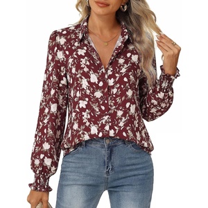 GRACE KARIN Women’s Boho Floral Button Down Shirts, 2026 Fall Long Sleeve Blouses, Dressy Casual Fit Vacation Work Tops(Reddish Brown)