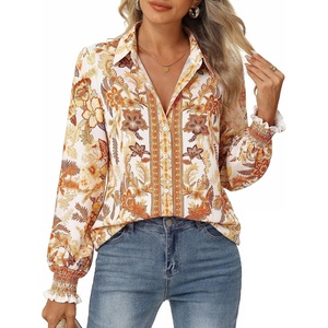 GRACE KARIN Women’s Boho Floral Button Down Shirts, 2026 Fall Long Sleeve Blouses, Dressy Casual Fit Vacation Work Tops(Yellow)