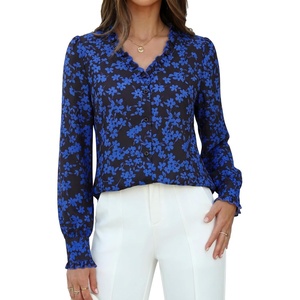 GRACE KARIN Women’s Boho Floral Tops, 2026 Fall Button Down Long Sleeve Blouses, Dressy Casual V Neck Work Trendy Shirts(Black Blue Floral)
