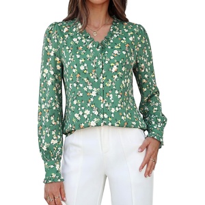 GRACE KARIN Women’s Boho Floral Tops, 2026 Fall Button Down Long Sleeve Blouses, Dressy Casual V Neck Work Trendy Shirts(Green)
