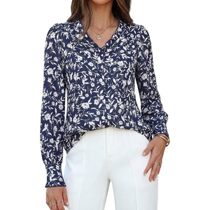GRACE KARIN Women’s Boho Floral Tops, 2026 Fall Button Down Long Sleeve Blouses, Dressy Casual V Neck Work Trendy Shirts(Navy Blue)