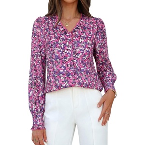 GRACE KARIN Women’s Boho Floral Tops, 2026 Fall Button Down Long Sleeve Blouses, Dressy Casual V Neck Work Trendy Shirts(Purple)