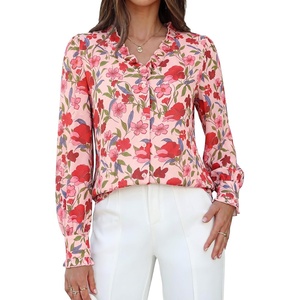 GRACE KARIN Women’s Boho Floral Tops, 2026 Fall Button Down Long Sleeve Blouses, Dressy Casual V Neck Work Trendy Shirts(Red Pink Floral)
