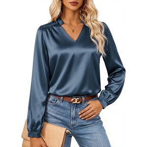 GRACE KARIN Womens Business Casual Tops, Long Sleeve Work Satin Blouses, Dressy V Neck Silk Shirts Fall Trendy Outfits(Blue)