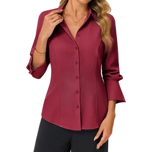 GRACE KARIN Womens Button Down Shirts,Long Sleeve Collared Dress Shirt,Wrinkle-Free Work Blouse Office Tops 2026 Fall Outfits(Wine Red)