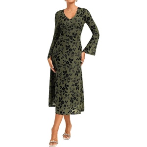 GRACE KARIN Women’s Floral Long Sleeve Dresses,Formal Bodycon Wedding Guest Dress,V Neck Mesh Cocktail Maxi Dresses(Army Green)