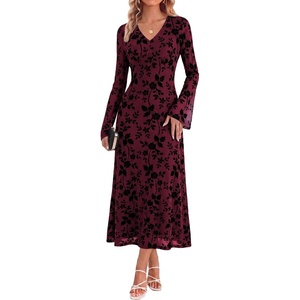 GRACE KARIN Women’s Floral Long Sleeve Dresses,Formal Bodycon Wedding Guest Dress,V Neck Mesh Cocktail Maxi Dresses(Dark Wine)