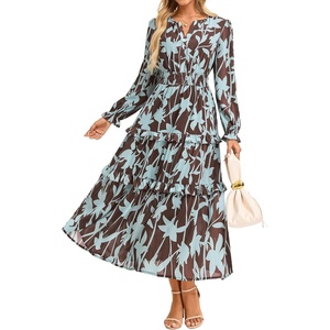 GRACE KARIN Women’s Floral Long Sleeve Maxi Dress 2026 V Neck Fall Wedding Guest Outfits Boho Flowy Dresses with Pockets(Blue Brown Leaves)