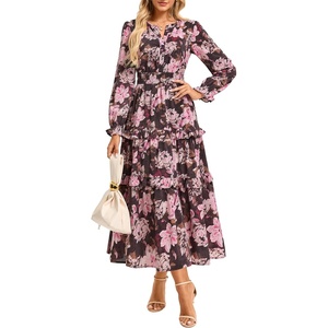 GRACE KARIN Women’s Floral Long Sleeve Maxi Dress 2026 V Neck Fall Wedding Guest Outfits Boho Flowy Dresses with Pockets(Pink Black Floral)