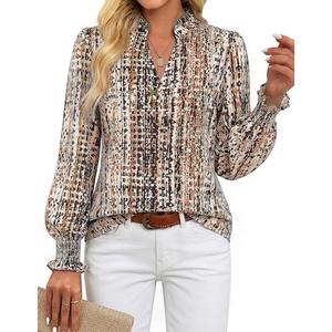 GRACE KARIN Womens Floral Long Sleeve Tops 2026 Summer V Neck Chiffon Blouses Dressy Casual Print Work Shirts Boho Clothes(Beige Brown Stripe)