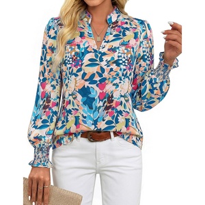 GRACE KARIN Womens Floral Long Sleeve Tops 2026 Summer V Neck Chiffon Blouses Dressy Casual Print Work Shirts Boho Clothes(Blue Green Floral)