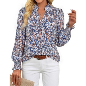 GRACE KARIN Womens Floral Long Sleeve Tops 2026 Summer V Neck Chiffon Blouses Dressy Casual Print Work Shirts Boho Clothes(Blue Orange Dot)