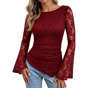 GRACE KARIN Womens Lace Long Sleeve Going Out Tops 2026 Fall Ruched Y2K Clothes Bell Sleeve Boat Neck Cute Shirt Asymmetrical(Red Rose Lace)