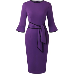 GRACE KARIN Work Dresses for Women 3/4 Sleeve Bodycon Pencil Business Outfits Color Block Office Church Clothes with Belt(Deep Purple)