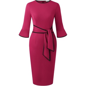 GRACE KARIN Work Dresses for Women 3/4 Sleeve Bodycon Pencil Business Outfits Color Block Office Church Clothes with Belt(Rose)