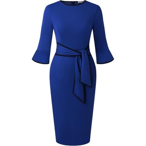 GRACE KARIN Work Dresses for Women 3/4 Sleeve Bodycon Pencil Business Outfits Color Block Office Church Clothes with Belt(Royal Blue)