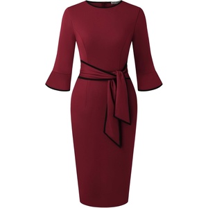 GRACE KARIN Work Dresses for Women 3/4 Sleeve Bodycon Pencil Business Outfits Color Block Office Church Clothes with Belt(Wine)