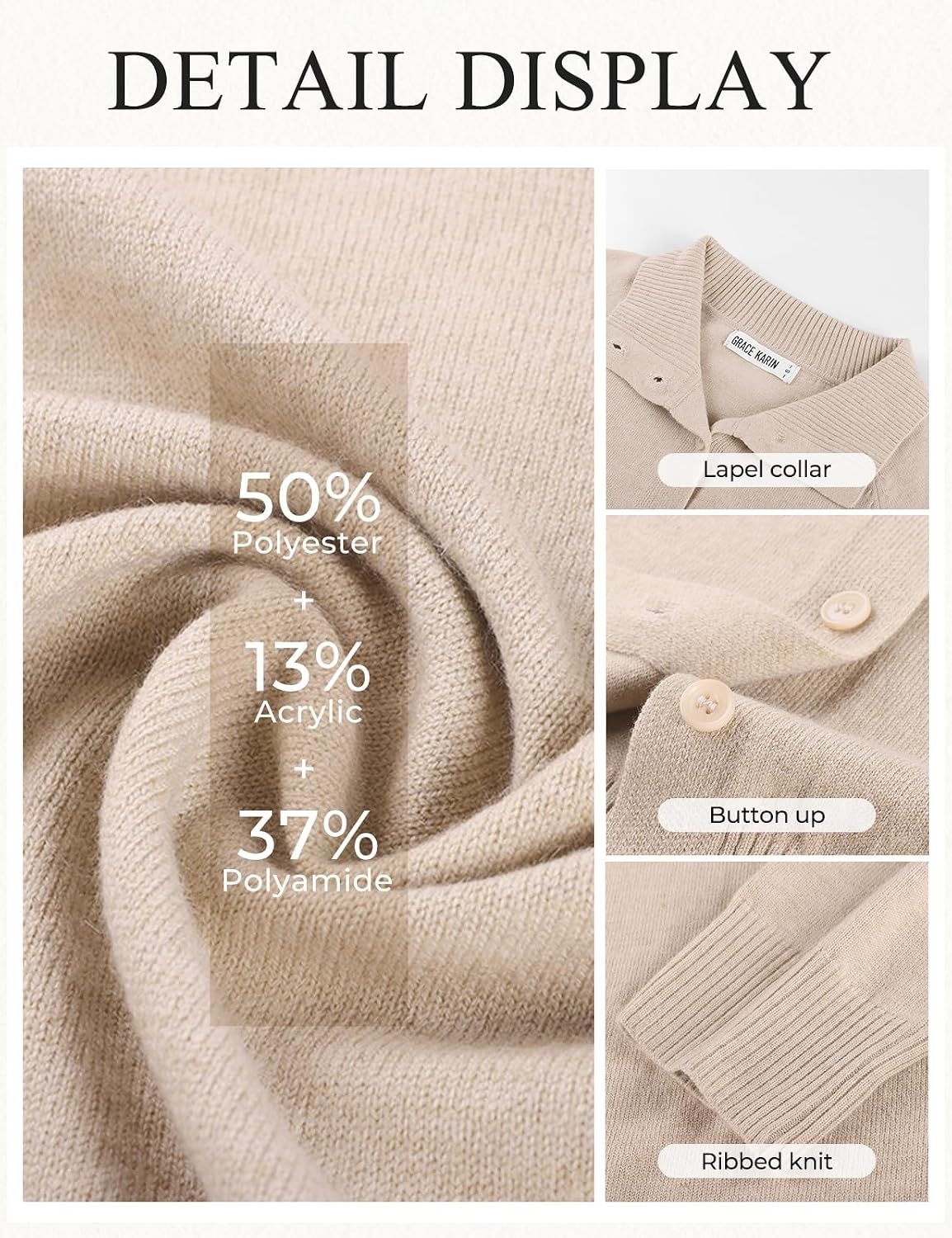 image:imageGRACE KARIN Cardigan Sweaters for Women Lightweight Button Up Sweater Jacket Collared Work Outfits Early Fall FashionBeige