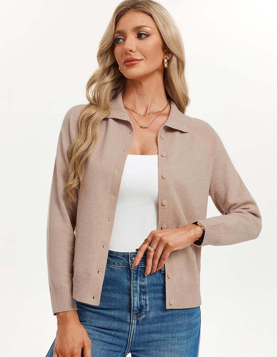 image:imageGRACE KARIN Cardigan Sweaters for Women Lightweight Button Up Sweater Jacket Collared Work Outfits Early Fall FashionKhaki