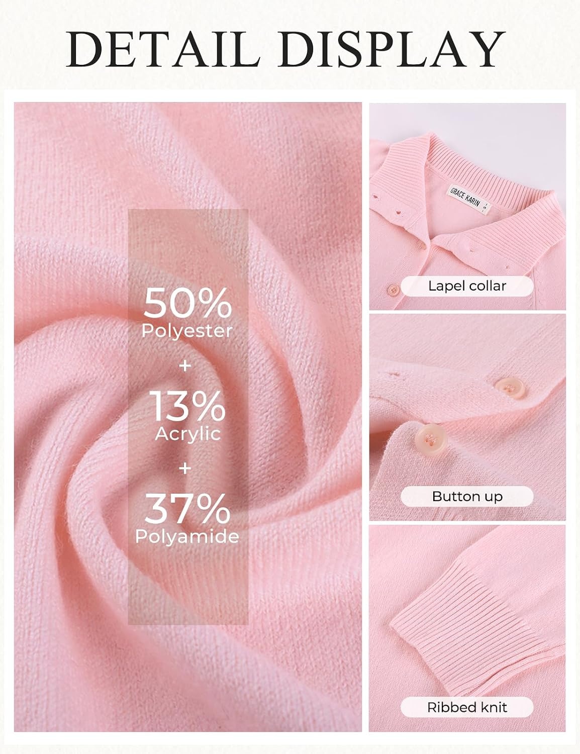 image:imageGRACE KARIN Cardigan Sweaters for Women Lightweight Button Up Sweater Jacket Collared Work Outfits Early Fall FashionPink