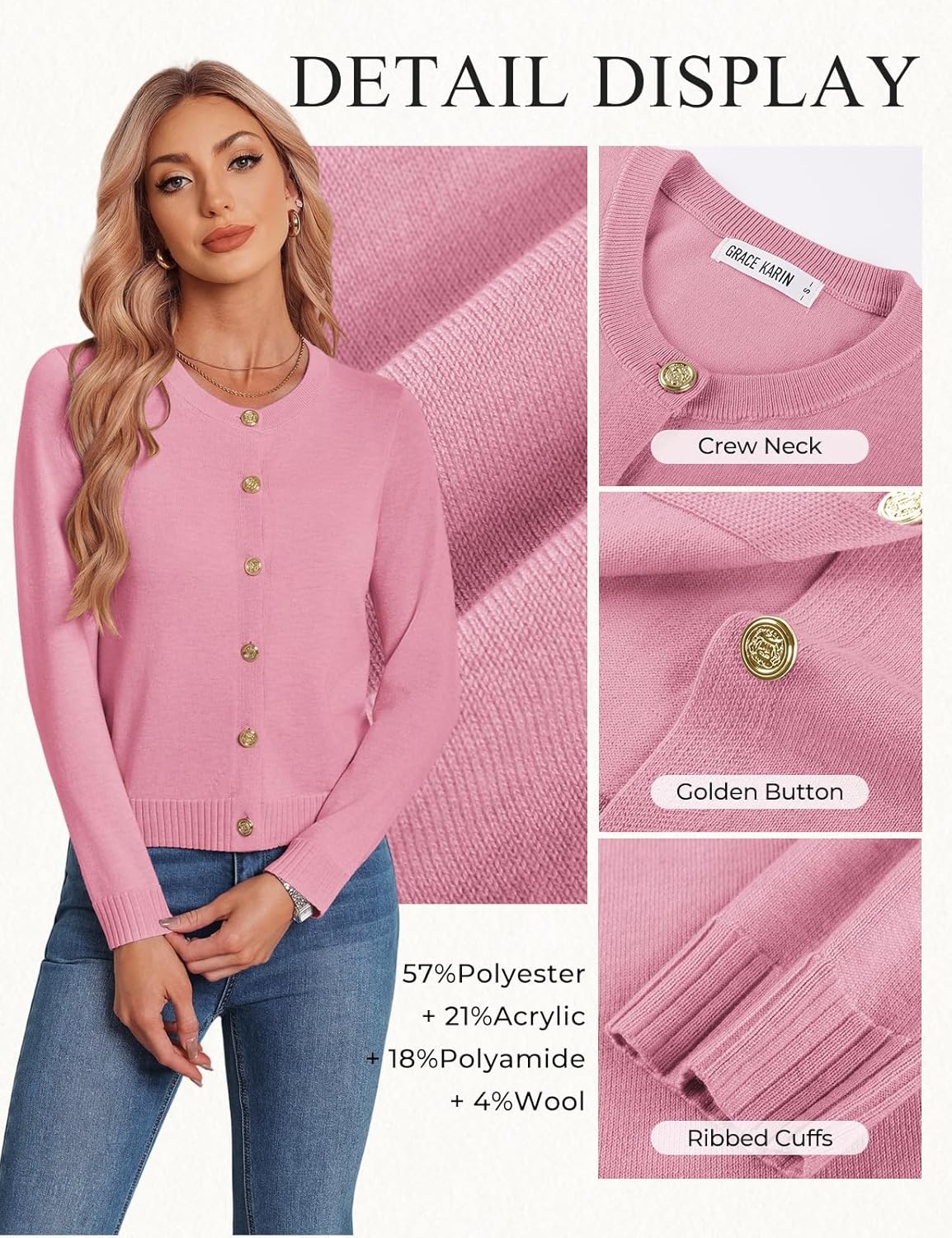 image:imageGRACE KARIN Womens Cropped Cardigan Sweater Wool Button Up Sweaters Soft Fall Fashion Outfits Clothes Trendy 2026Pink
